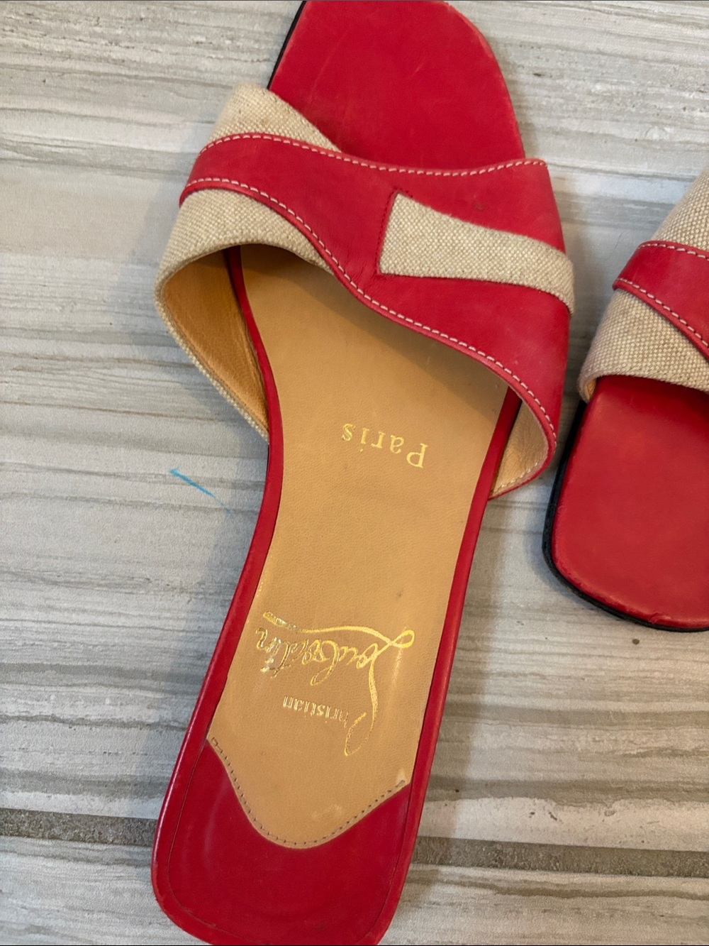 Vintage Christian Louboutin Red and Beige Crossband Slide Sandals - Picture 3 of 8